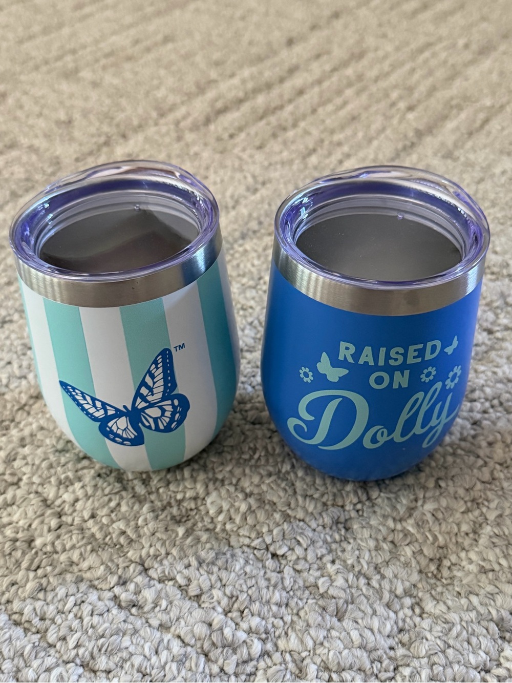 2 New - Dolly Parton Metal Wine Tumblers- Blue 12 oz. - Raised on Dolly